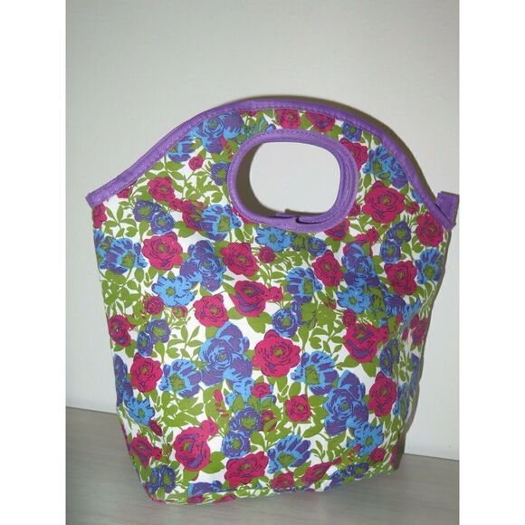 Lily McGee Gourmet Fabric Lunch Tote Bag FLORAL ROSES white Red Insulated $52 - Picture 2 of 5